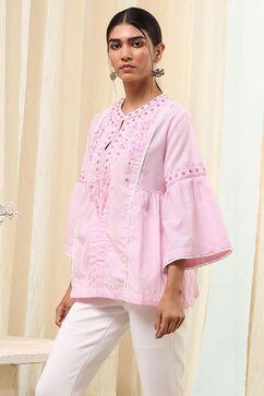 Pink Cotton Striped Straight Short Kurta image number 2