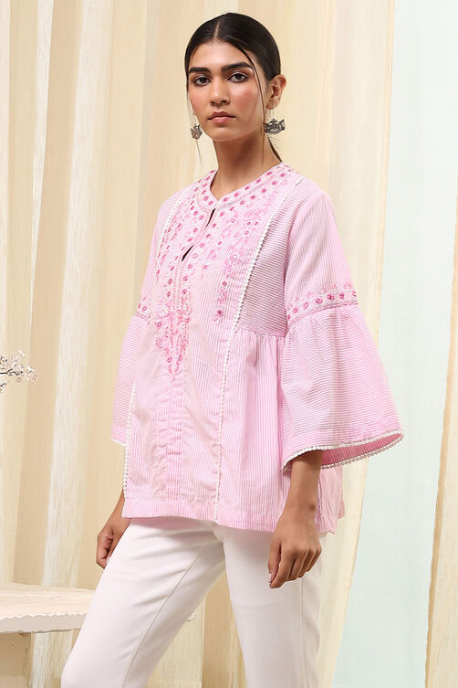 Blue Cotton Striped Straight Short Kurta image number 2