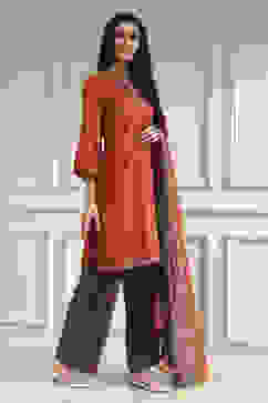 Orange Solid Straight Suit Set image number 5