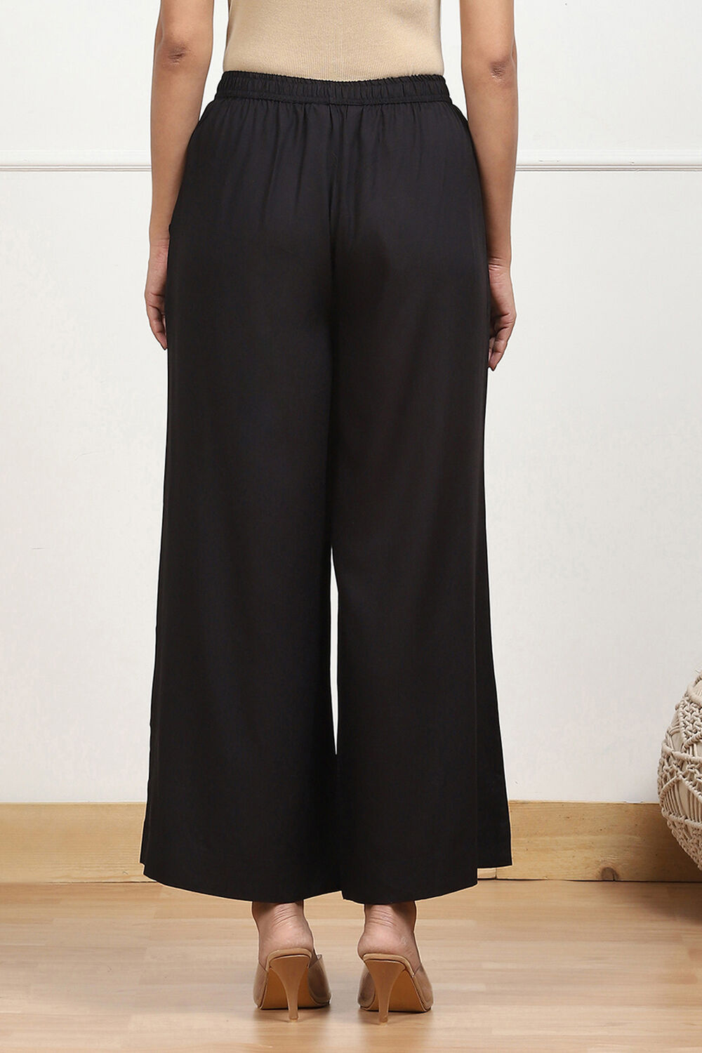 Navy Blue Viscose Solid Straight Palazzos image number 5