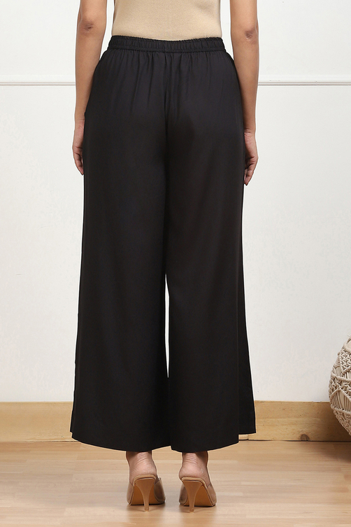 Navy Blue Viscose Solid Straight Palazzos image number 5