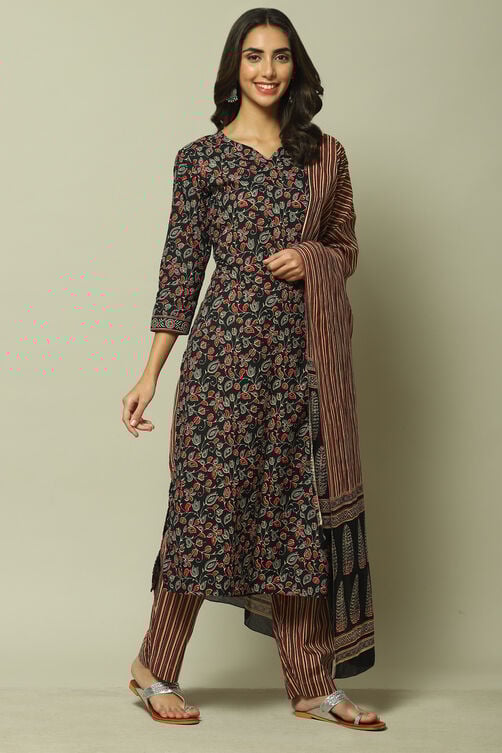 Black Cotton Screen Print Unstitched Suit Set image number 6