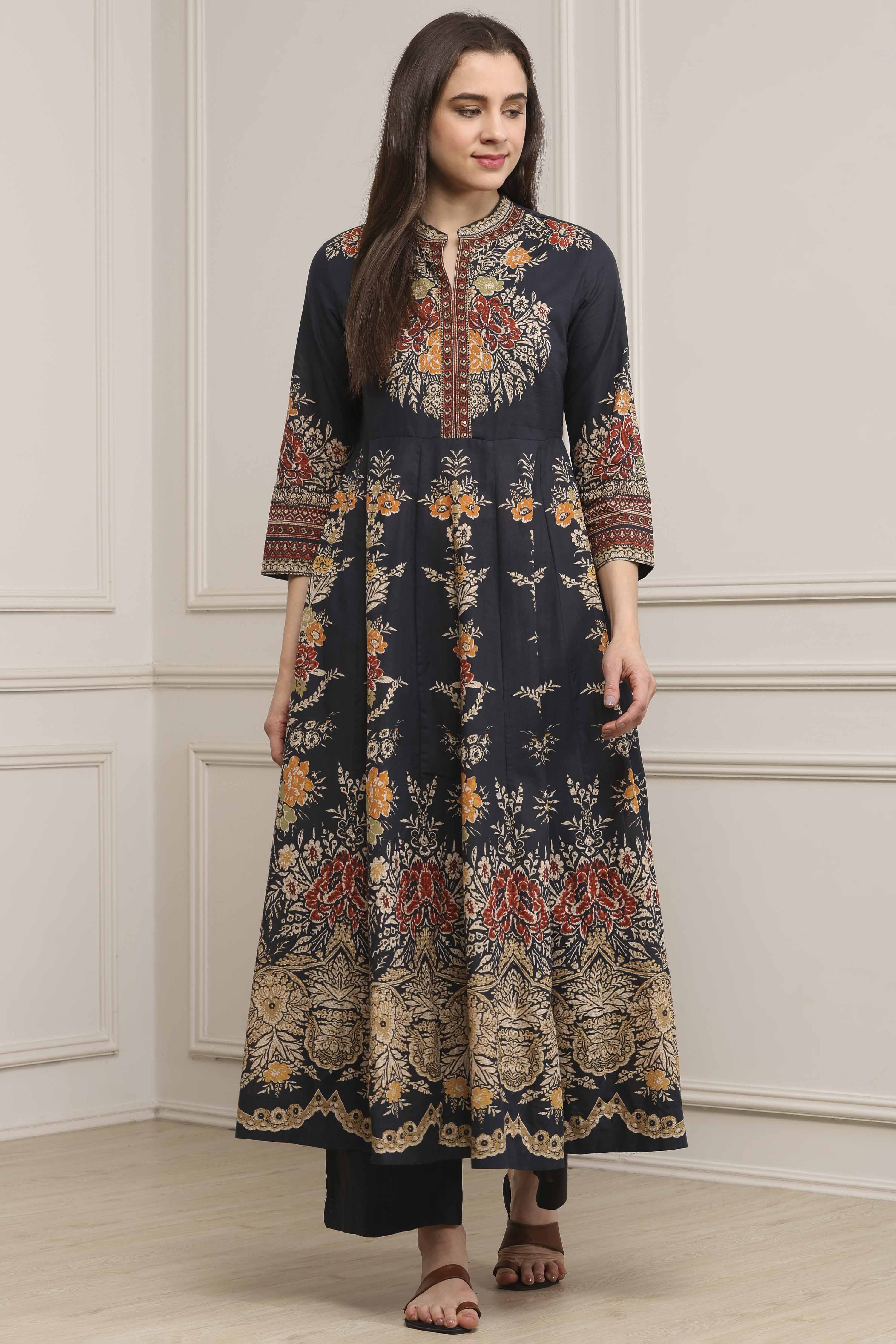 Charcoal Cotton Kalidar Printed Kurta Pants Set image number 0