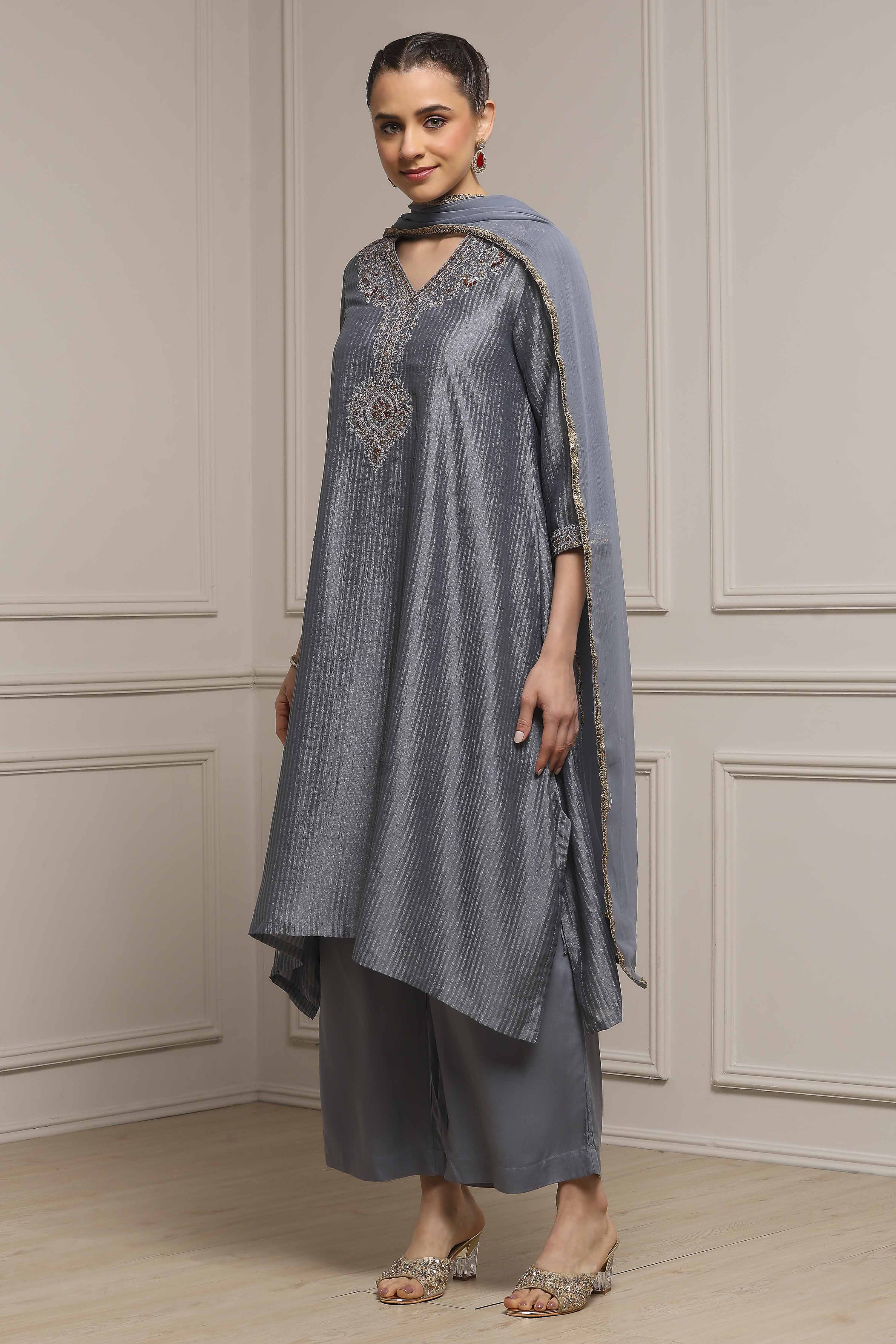 Grey Striped Straight Suit Set image number 3