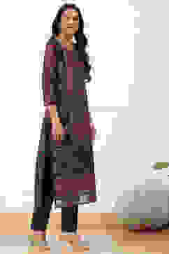 Maroon Chanderi Printed  Embroidered Unstitched Suit Set image number 3