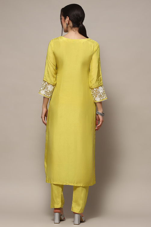 Yellow Muslin Unstitched Suit set image number 6