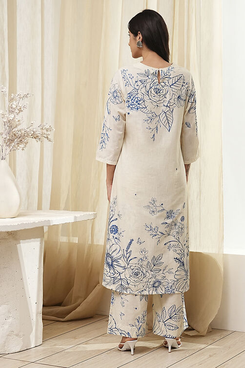 Off-White and Blue Cotton Straight Suit Set image number 4