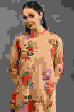 Rohit Bal Peach-Toned Silk Chanderi Floral Printed Straight Kurta Set image number 1