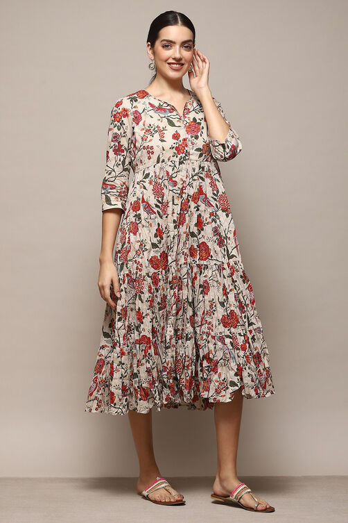 Green & Maroon Cotton Flared Printed Dress image number 5