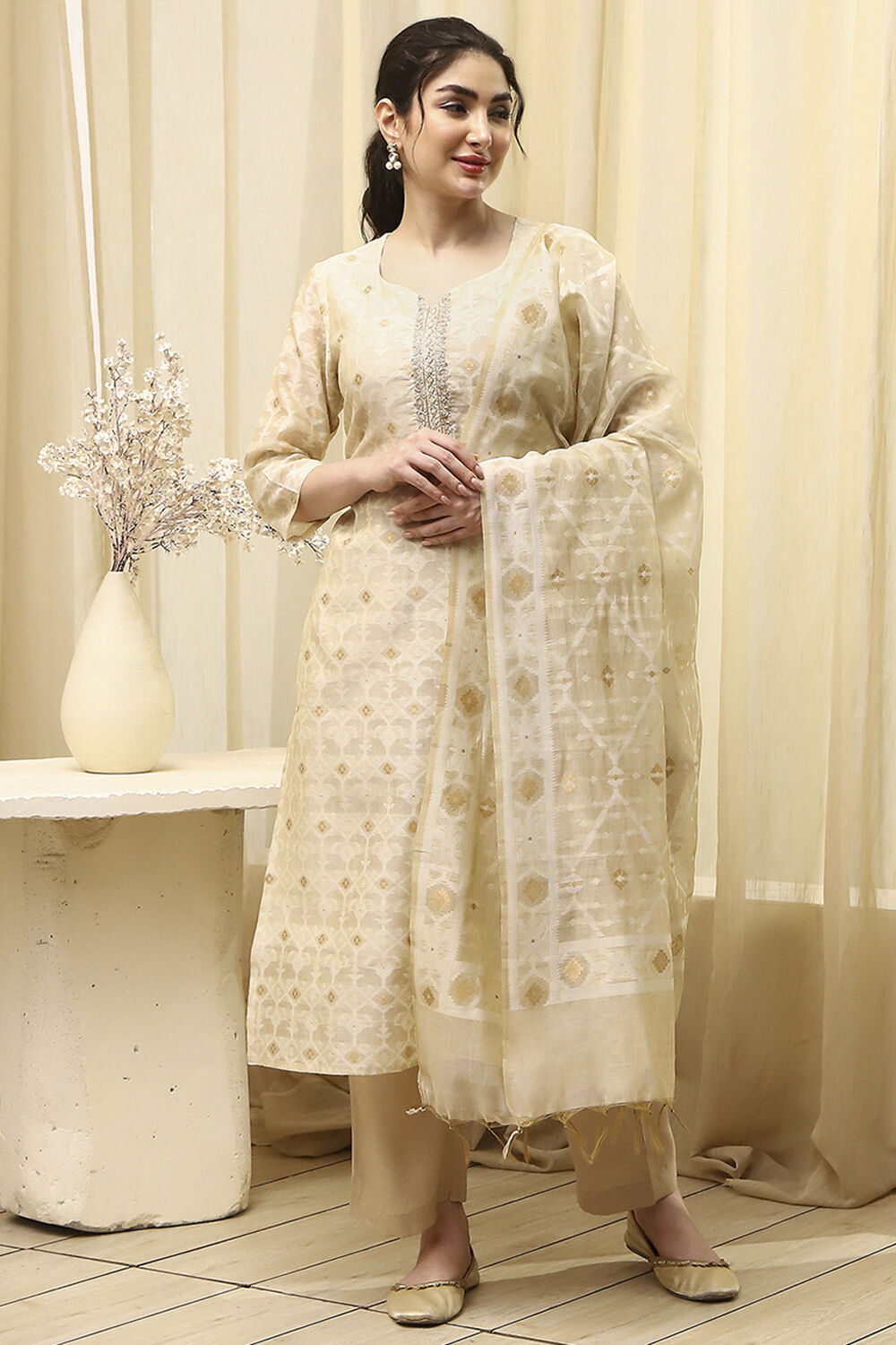 Beige Chanderi Jamdani Unstitched Suit Set image number 2