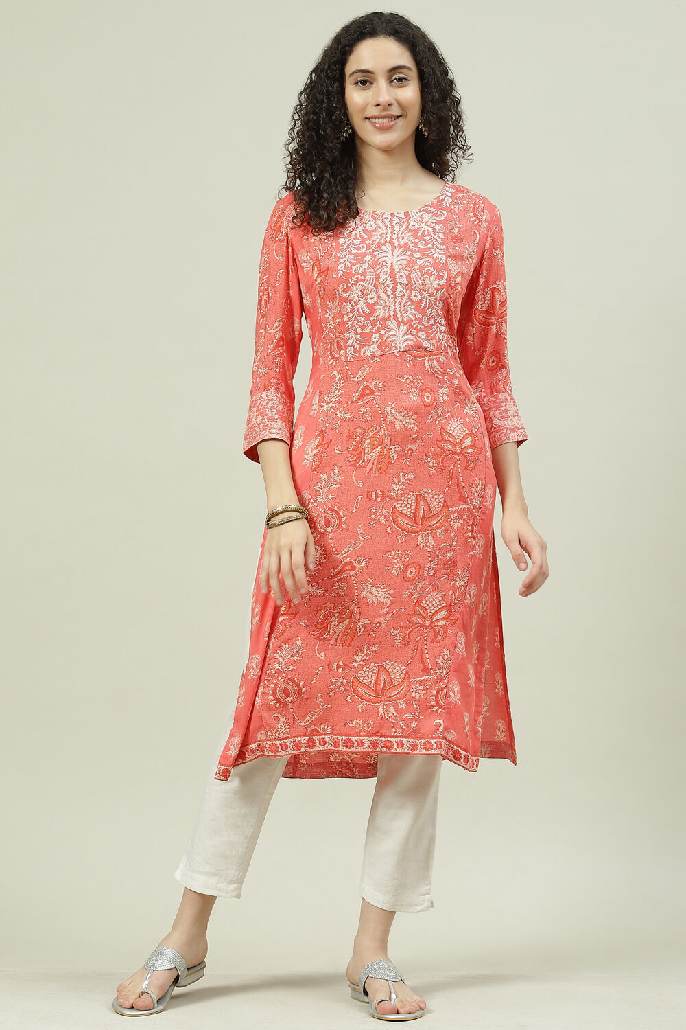 Coral Rayon Straight Printed Kurta image number 0