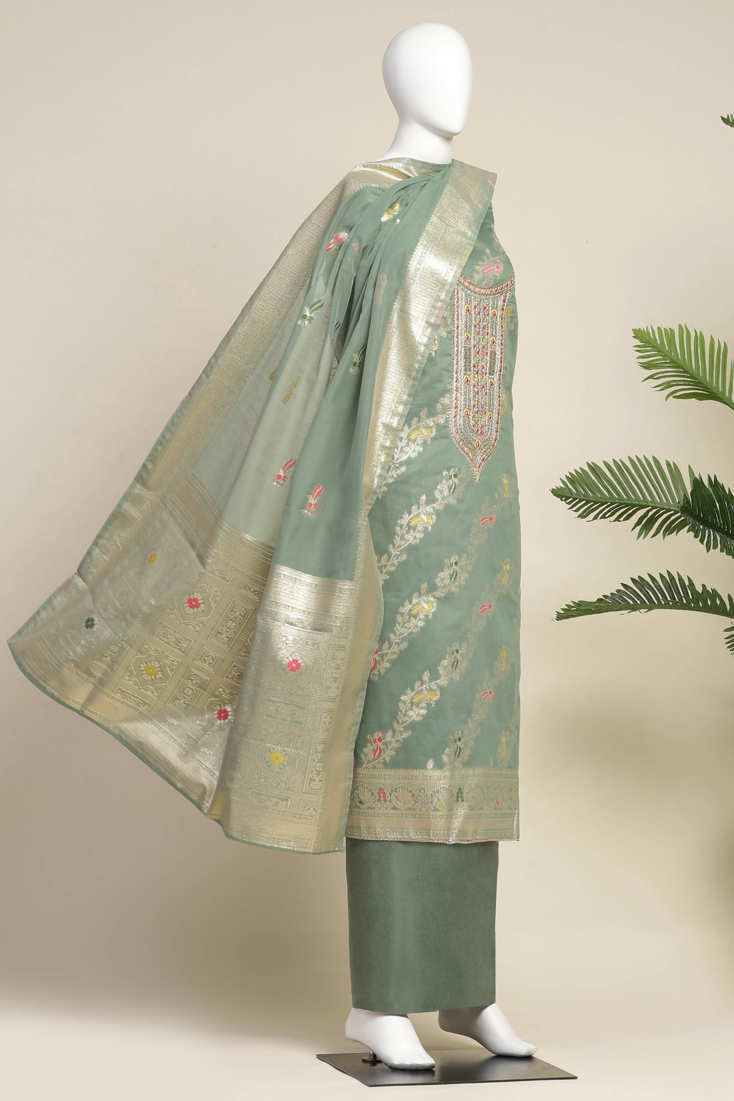 Pink Tissue Chanderi Embroidered Unstitched Suit Set image number 4