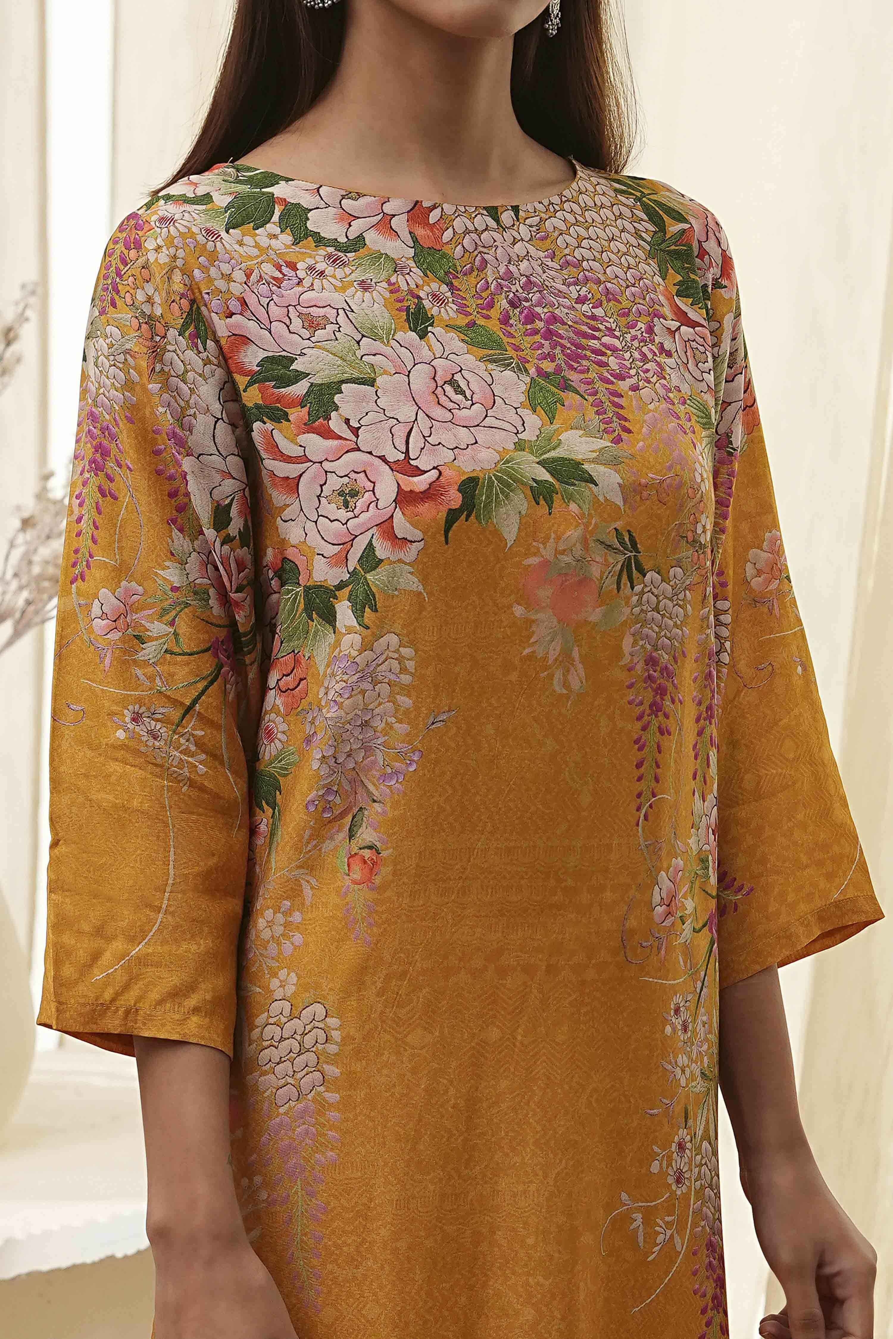 Mustard Yellow Floral Straight Kurta Set image number 1