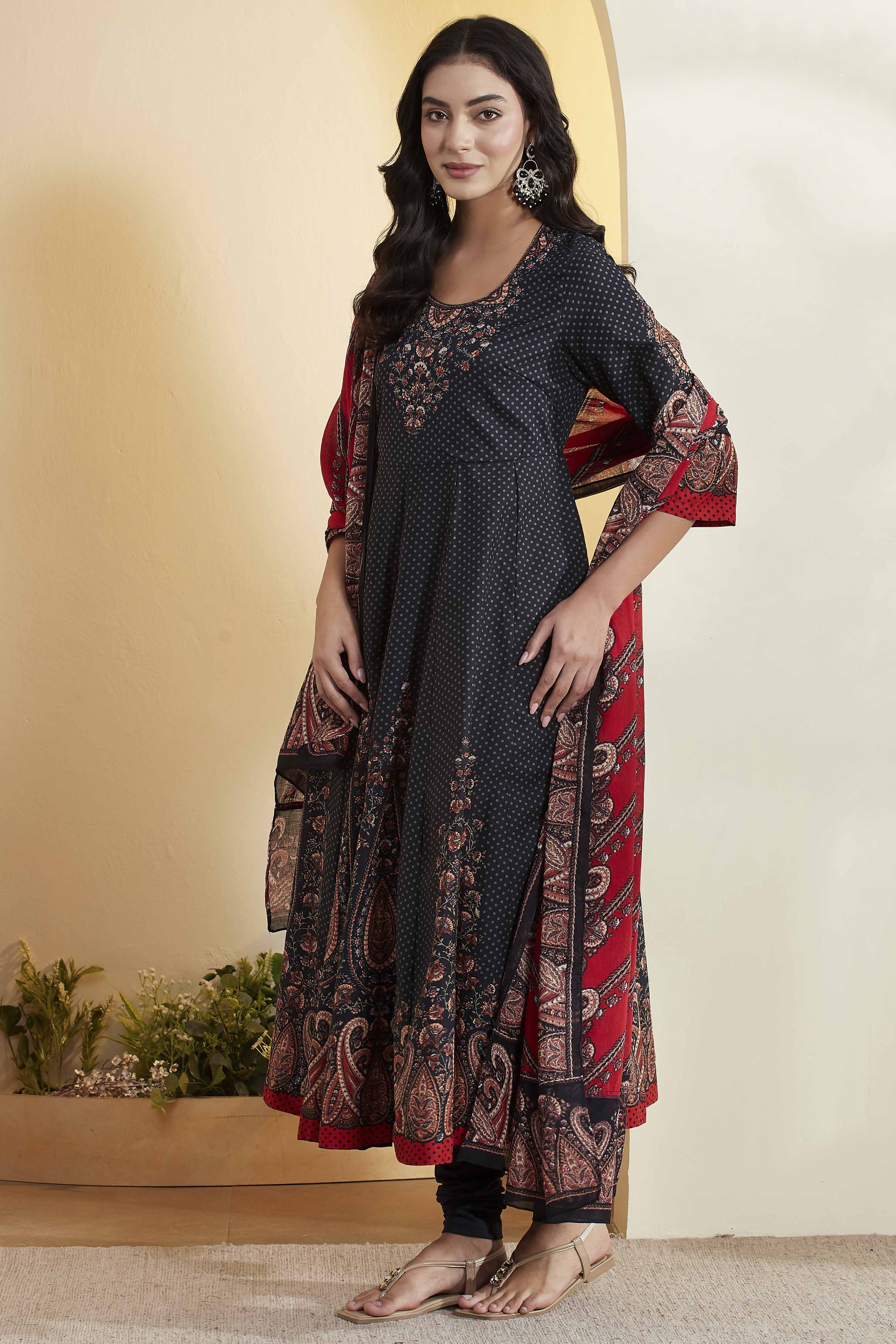 Black Cotton Paisley Printed Anarkali Kurta Set image number 4