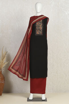 Black Cotton Hand Block Print Unstitched Suit Set image number 4