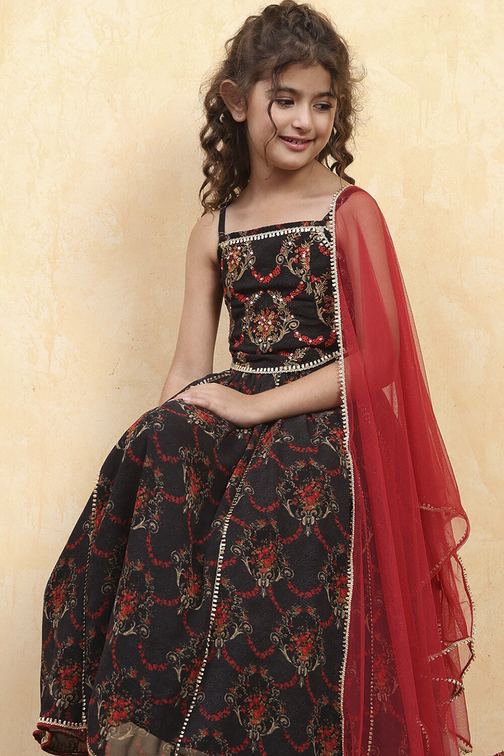 Black Polyester Printed Kalidar Lehenga Set image number 7