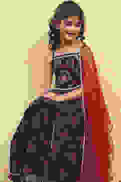 Black Polyester Printed Kalidar Lehenga Set image number 7