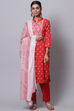 Red Cotton Unstitched Dress Material Suit Set image number 0
