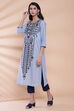 Blue Cotton Straight Printed Kurta image number 2