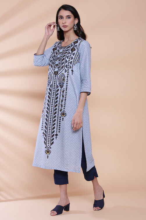 Blue Cotton Straight Printed Kurta image number 2