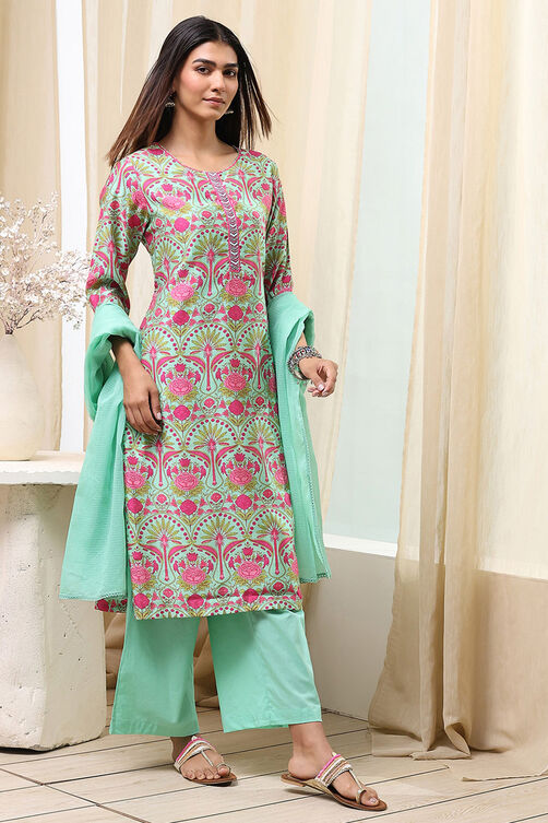 Sea Green Printed Straight Suit Set image number 5