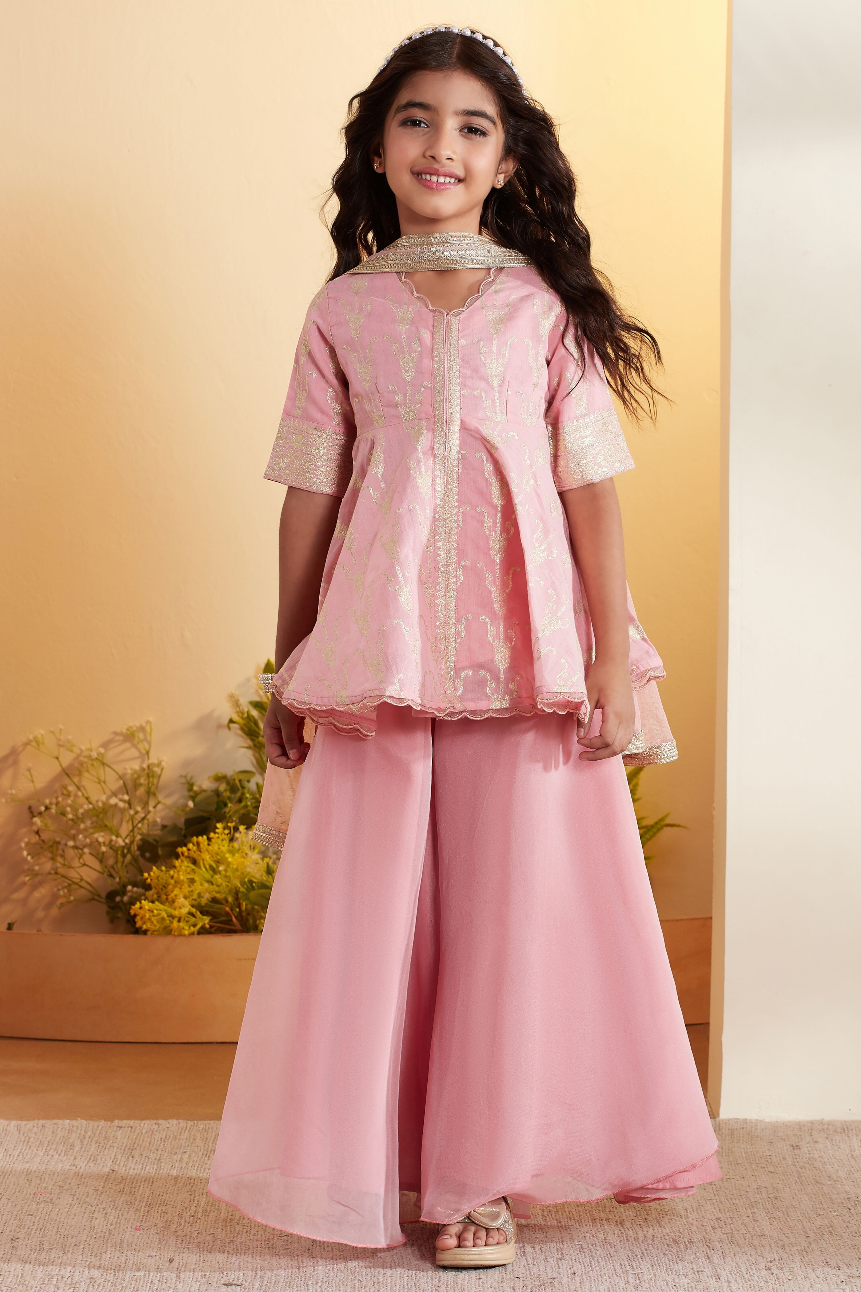 Peach Viscose Rayon Printed Front-Open Garara Kurta Set image number 6