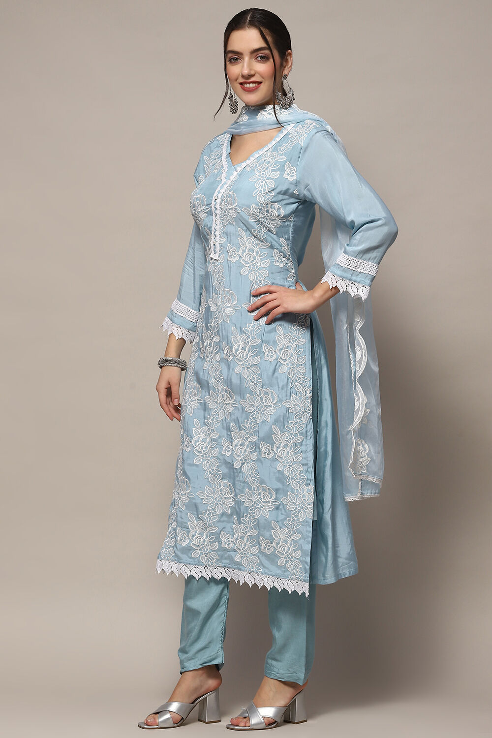 Dull Blue Muslin Unstitched Suit set image number 5