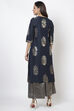 Navy Blue Cotton Straight Kurta Flared Palazzo Suit Set image number 4