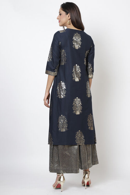 Navy Blue Cotton Straight Kurta Flared Palazzo Suit Set image number 4