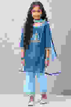 Marine Blue Art Silk Straight  Kurta Palazzo Suit Set image number 5