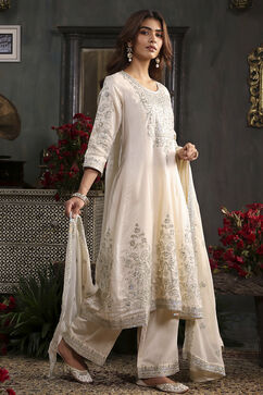 Off White Cotton Silk Anarkali Suit Set image number 5