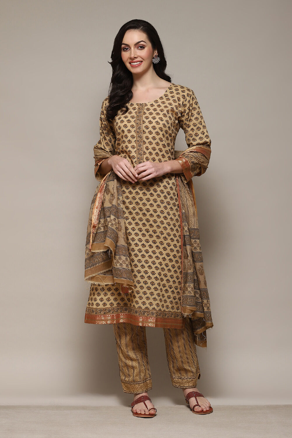 Coffee Brown Cotton Machine Embroidered Unstitched Suit Set image number 8