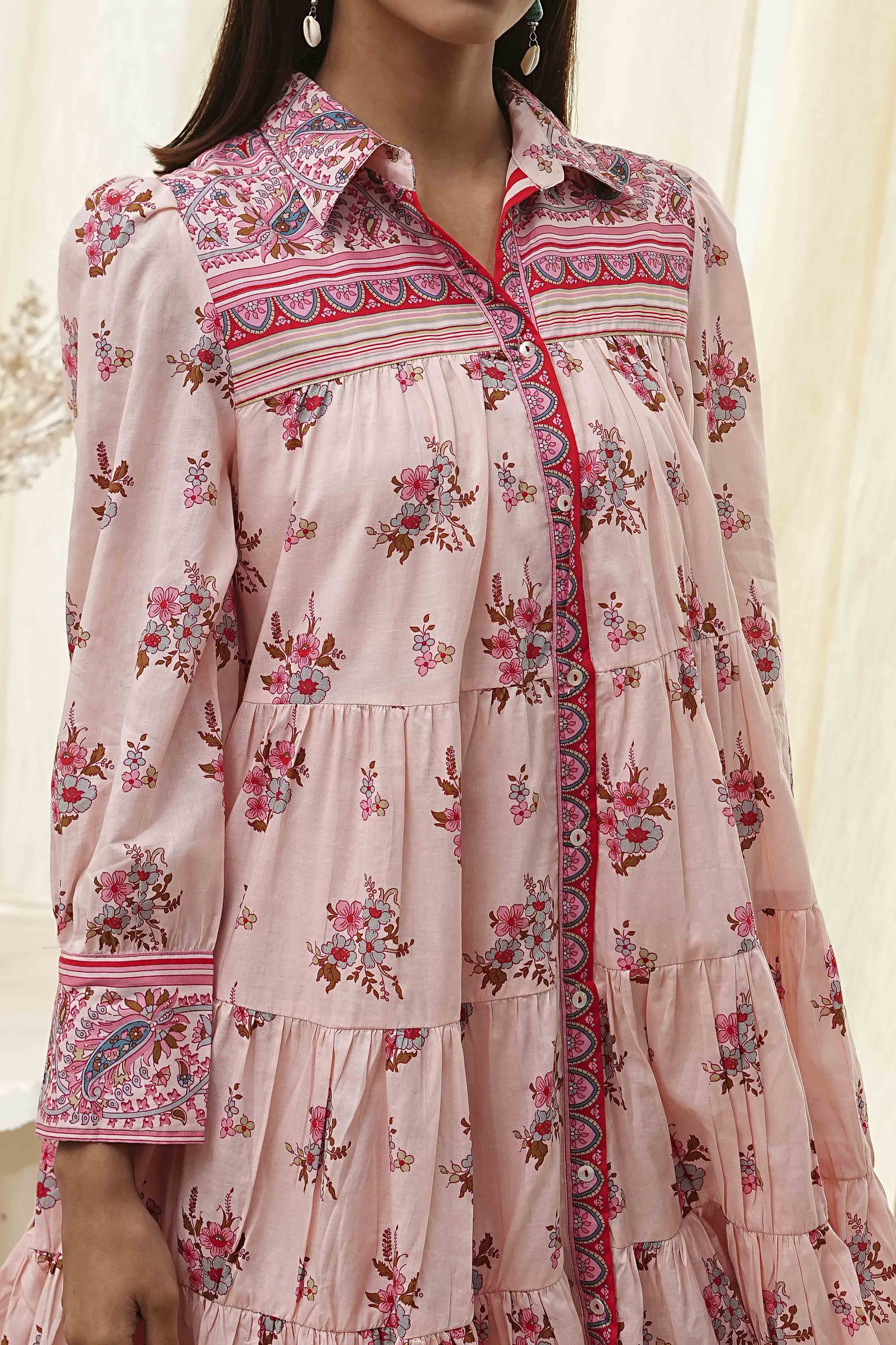 Peach-Colored Cotton  Floral Tiered Dress image number 1