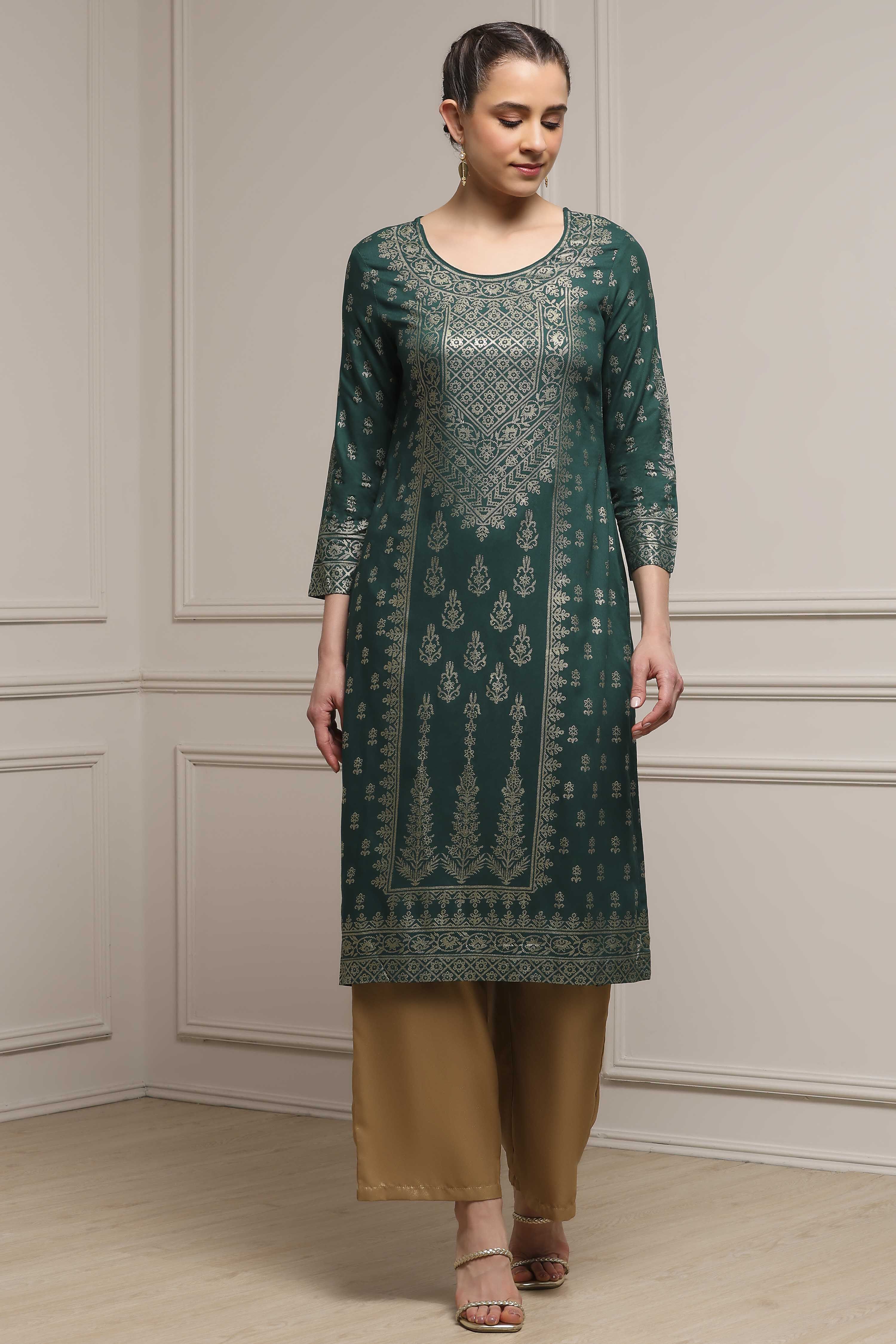 Bottle Green LIVA Straight Printed Kurta image number 5
