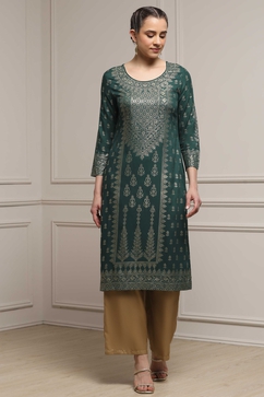 Bottle Green LIVA Straight Printed Kurta image number 5