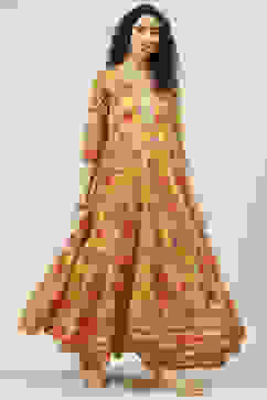 Mustard Poly Cotton Flared Fusion Printed Dress image number 3