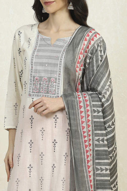 Grey Cotton Printed Embroidered Unstitched Suit Set image number 2