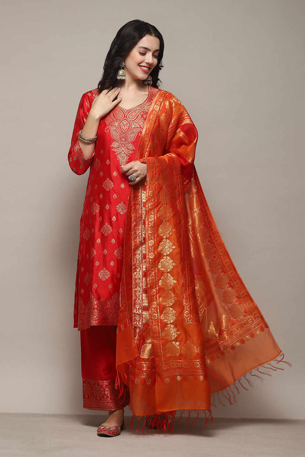 Red Cotton Blend Straight Yarndyed Kurta Palazzo Suit Set image number 0