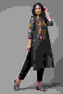 Black Cotton Straight Printed Kurta image number 0