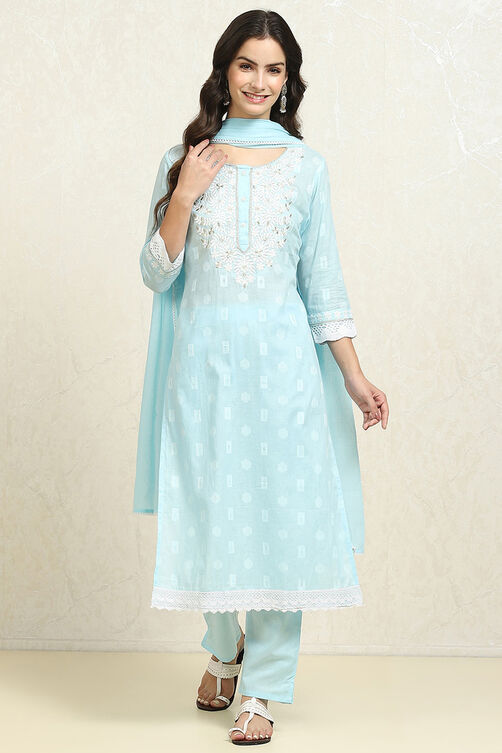 Blue Cotton Handloom Unstitched Suit Set image number 1