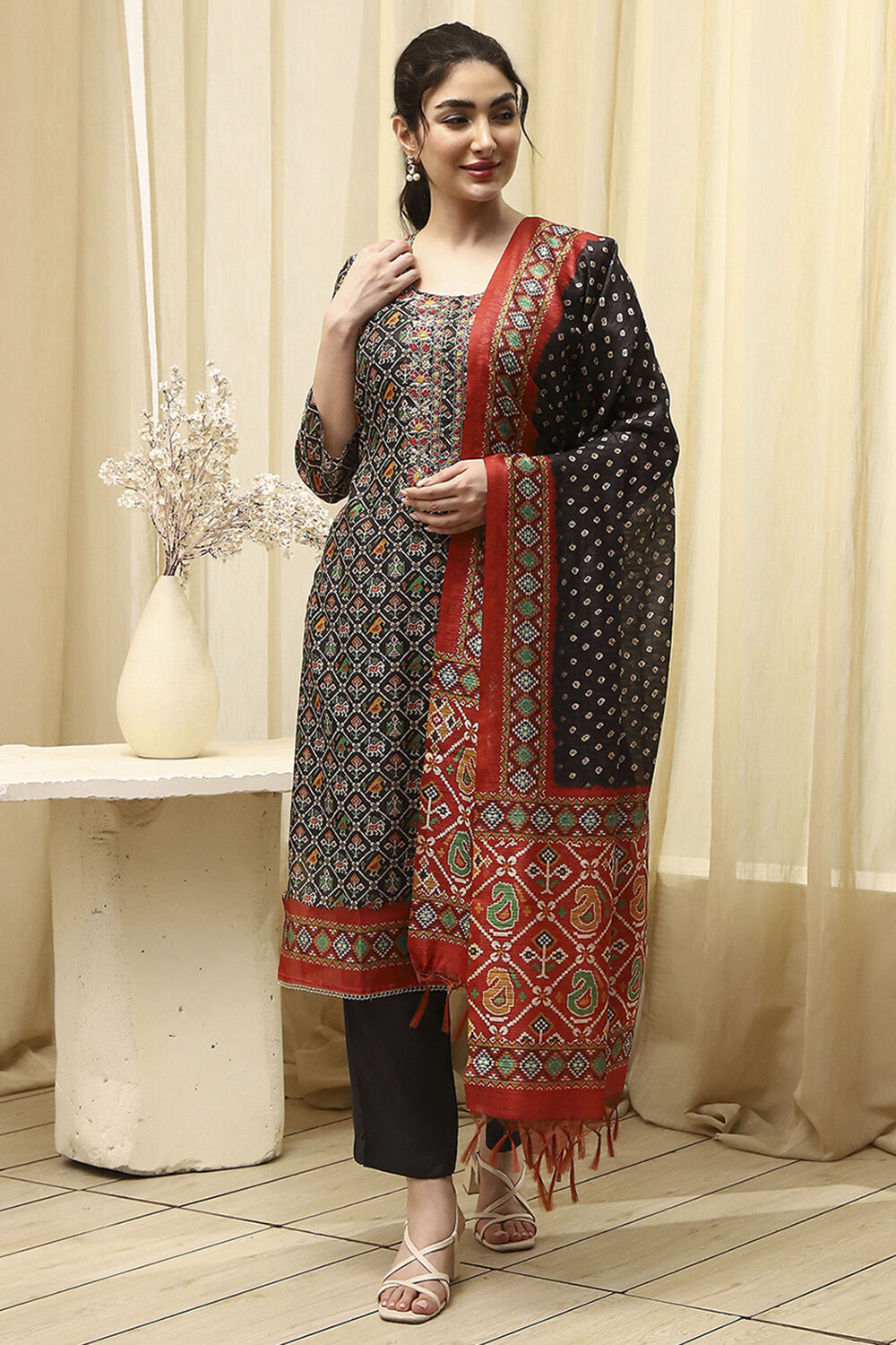 Black Tissue Machine Embroidered Unstitched Suit Set image number 1