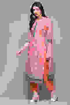 Pink Cotton Blend Floral Digital Print Unstitched Suit Set image number 5