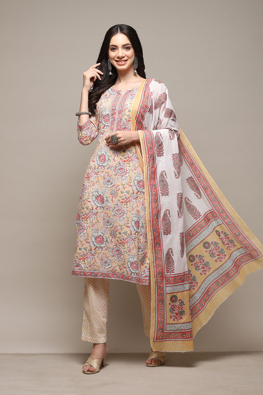 Dull Yellow Cotton Handloom Unstitched Suit Set image number 1