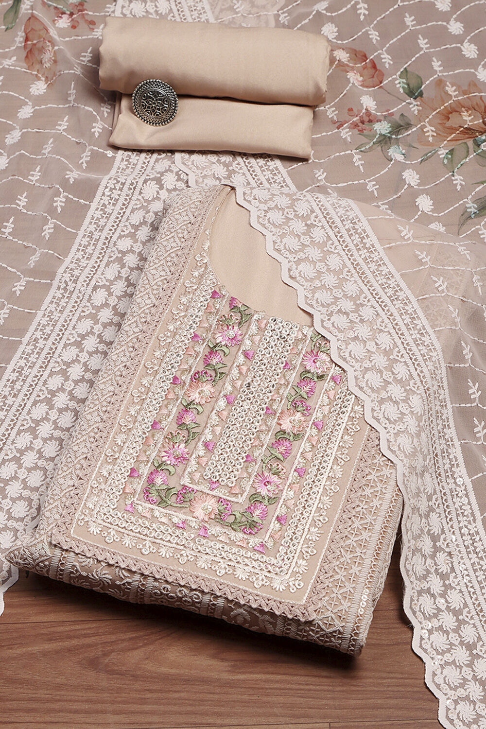 Pch Cotton Schiffly Unstitched Suit Set image number 0