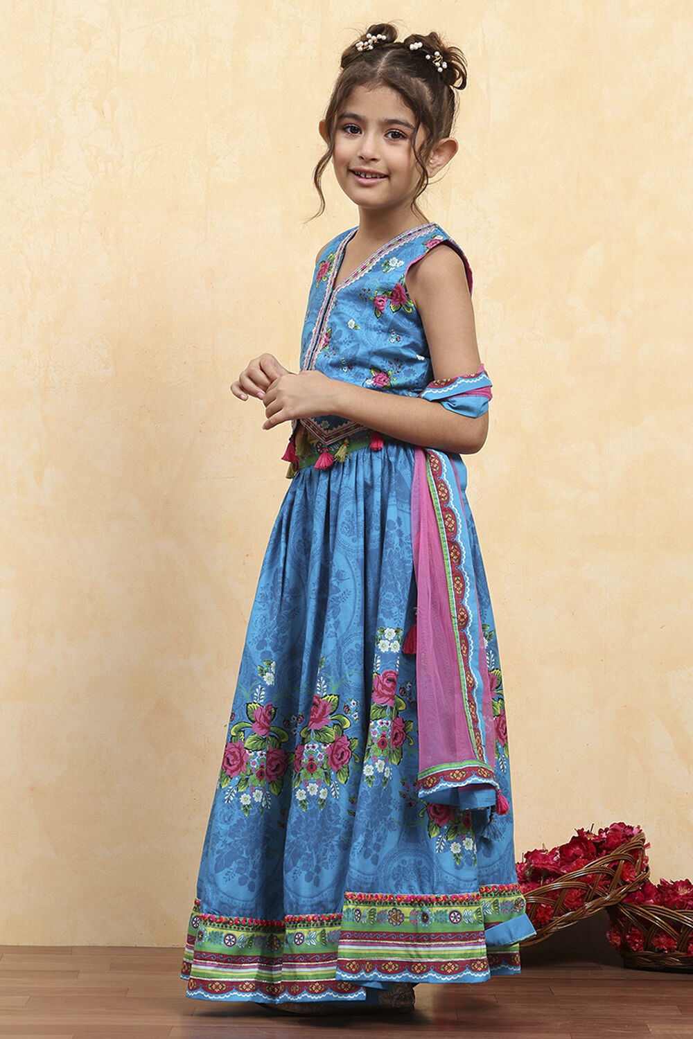 Blue Cotton Printed Straight Lehenga Set image number 3