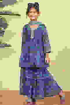 Blue Polyester Printed Gathered Sharara Suit Set image number 0