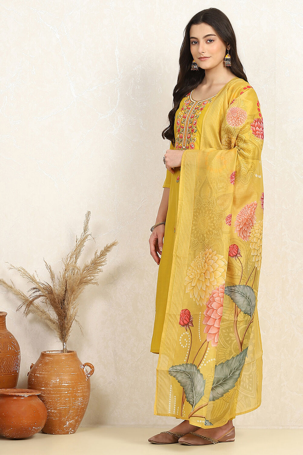 Yellow Silk Blend Machine Embroidered Unstitched Suit Set image number 4