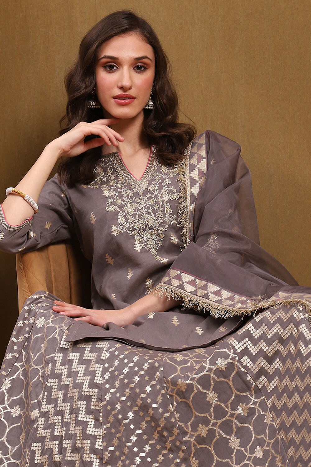 Grey Brocade Embroidered Festive Skirt Set image number 8