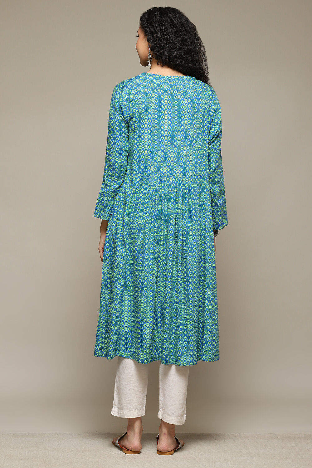 Blue Rayon Flared Printed Kurta image number 3