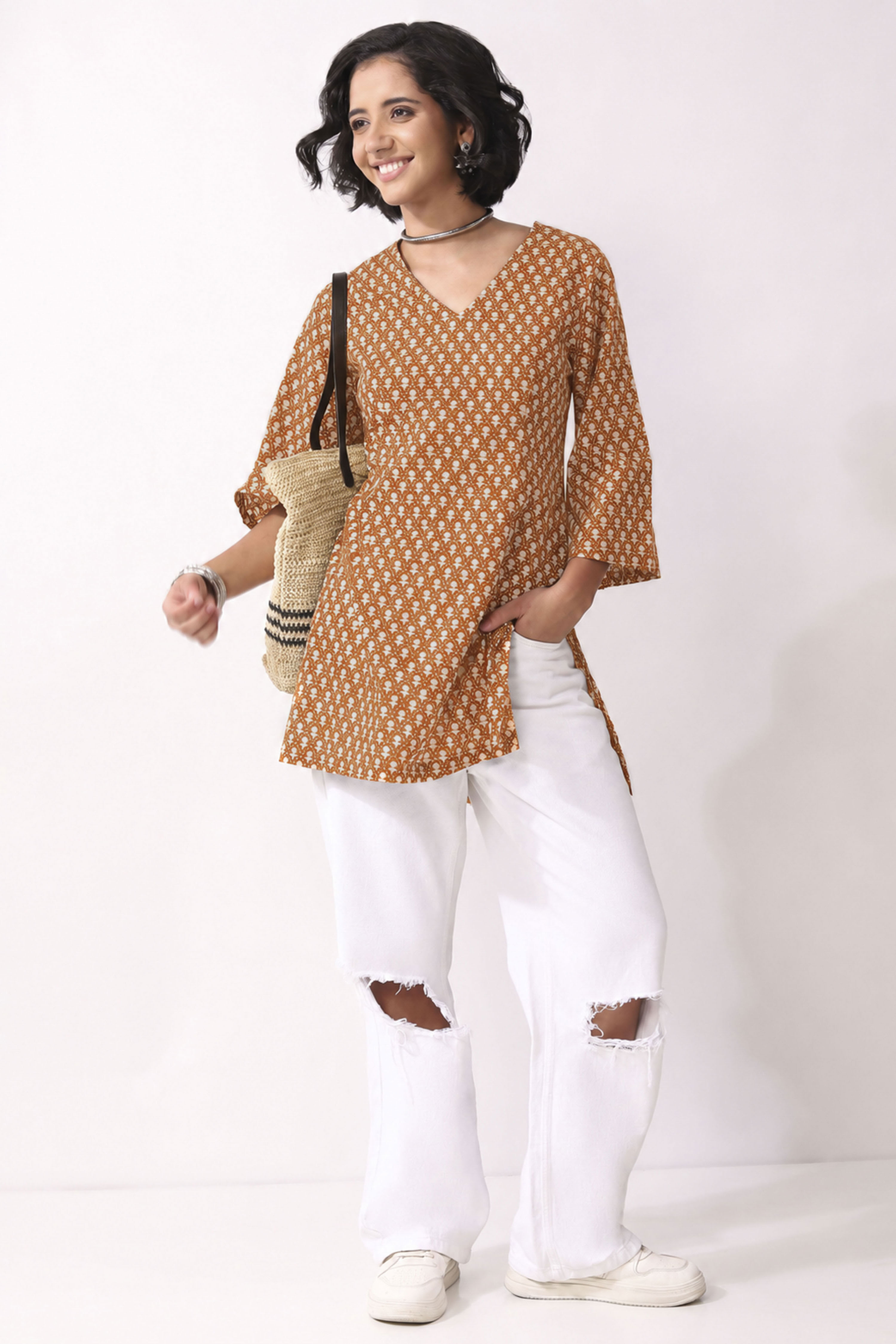 Mustard Cotton Straight Short Kurti image number 0